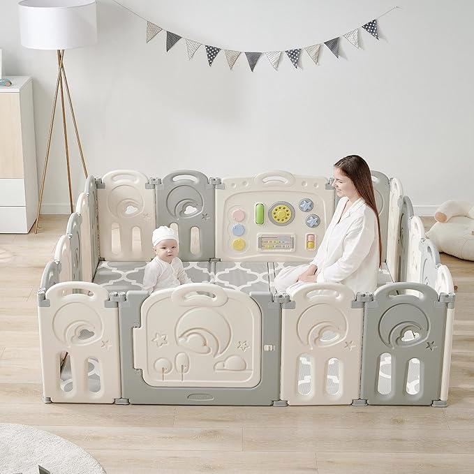 Fortella Cloud Castle Foldable Playpen, Baby Safety Play Yard with Whiteboard and Activity Wall, Indoors or Outdoors (Gray 4-Panel Extension)