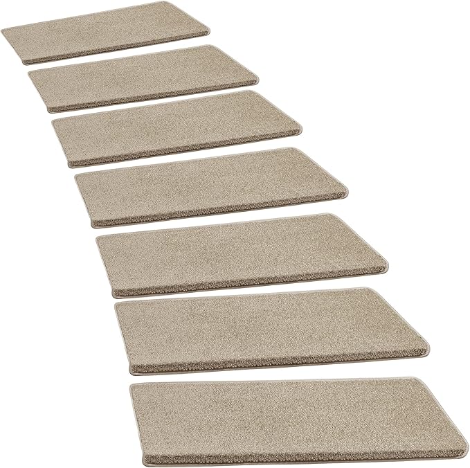 PURE ERA Bullnose Carpet Stair Treads Set Tape Free Non-Slip Indoor Stair Protectors Pet Friendly Rugs Covers Soft Skid Resistant Washable Reusable 9.5" x 30"(7 Pieces,Cream Gray)