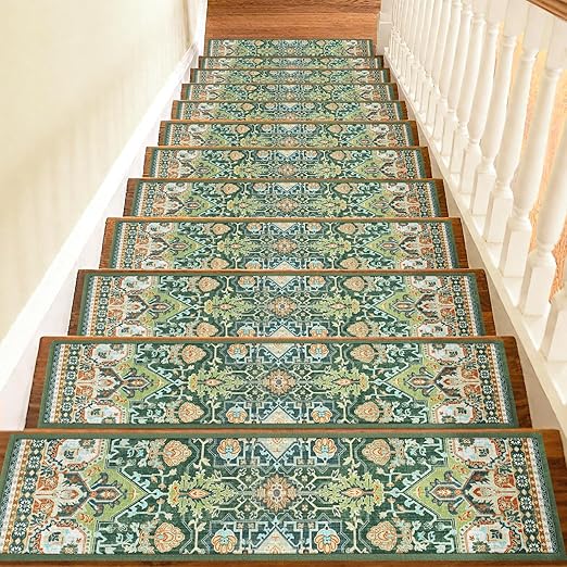 Non Slip Stair Treads for Wooden Steps Indoor, Green, 15pcs, 30"X8", Soft Carpet Mat, Machine Washable Boho Carpet Treads with Reusable Adhesive Backing, Safety Stair Tread for Dogs, Kids, Elders