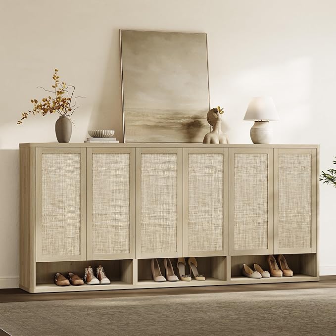 SICOTAS Rattan Shoe Storage Cabinet - Modular Shoe Cabinets with Door Tall Large Shoe Cabinet Storage for Entryway - 96.8" Wide Modular Cabinet for Hallway, Living Room