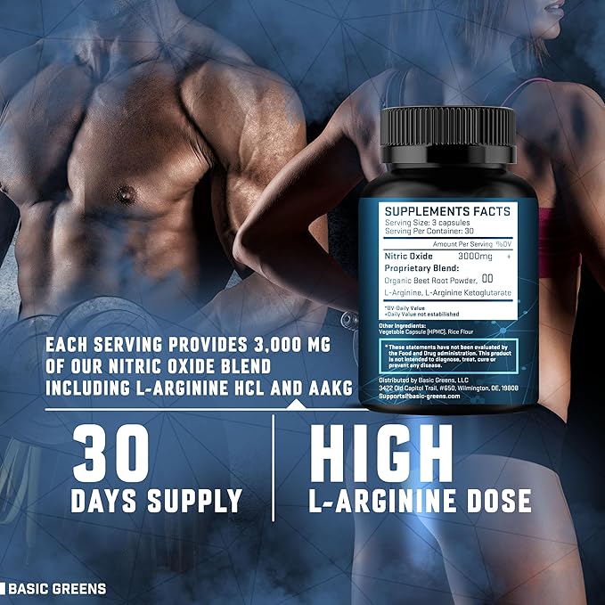 L-Arginine 3000mg Nitric Oxide Supplement for Men and Women – Non-GMO Vegan Capsules with Beet Root for Circulation, Endurance, Energy, Stamina, Performance and Workout – 90 Caps