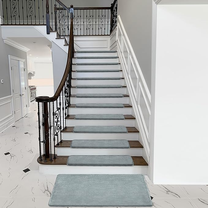 PURE ERA Carpet Stair Treads Ultra Plush 9.5" X 30"Soft Bullnose Indoor Stair Protectors Pet-Friendly Non-Slip Skid Resistant Tape Free Washable Reusable(14 Pieces,Greenish Gray)