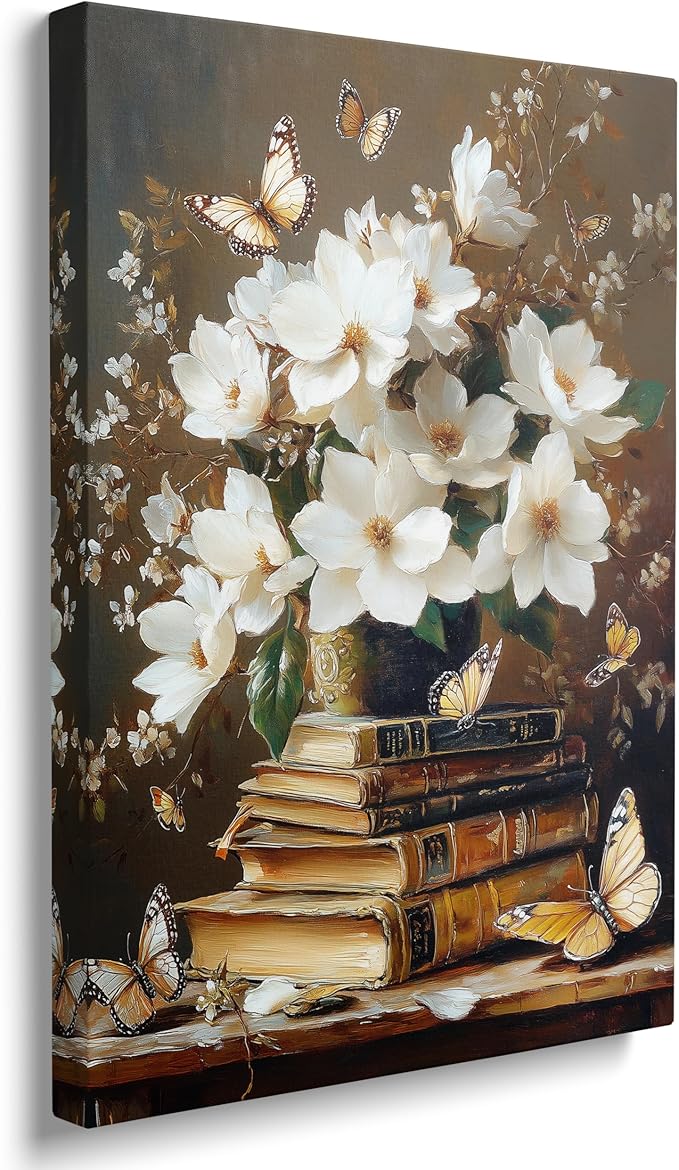 Framed Floral Book Butterfly Vintage Picture Wall Decor Gift Retro Bible Print Poster Rustic Painting Flower Canvas Wall Art for Living Room Bedroom Artwork (16"x24")