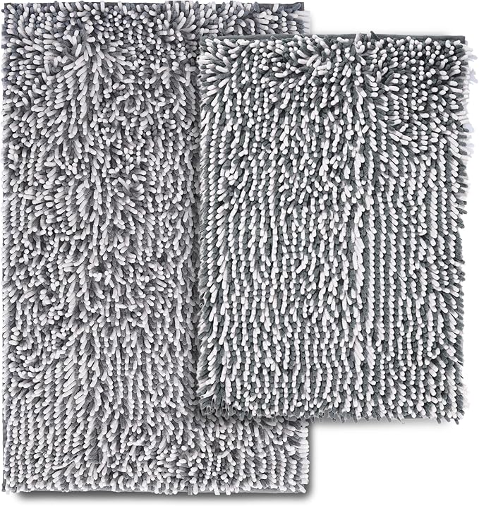 Bathroom Rugs 2 Piece Set – Absorbent, Non-Slip, Soft Chenille Bath Mat, Machine Washable, Comfortable Floor Mats (24"×17” & 20"×30”, Gray Grey)
