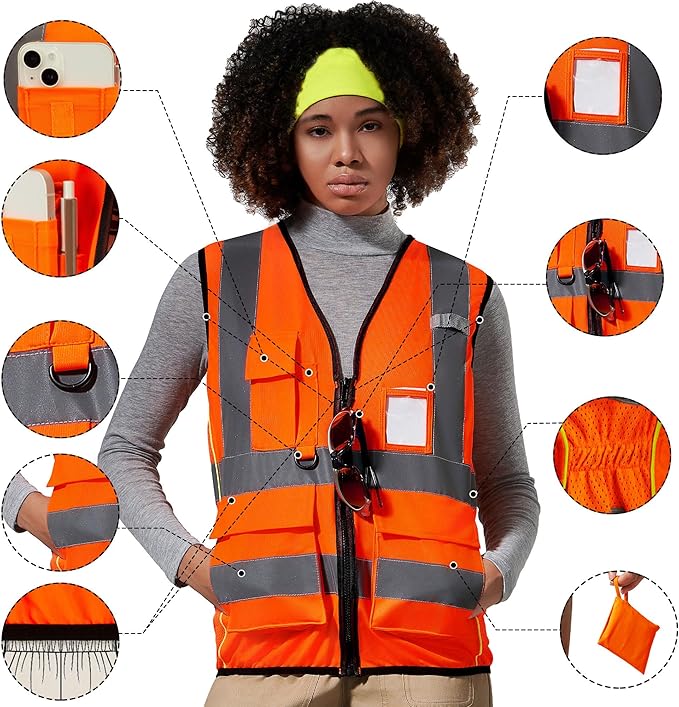 A-SAFETY High Vis Safety Vest for Women - Reflective Strips, Multi-Pockets, Zipper Closure