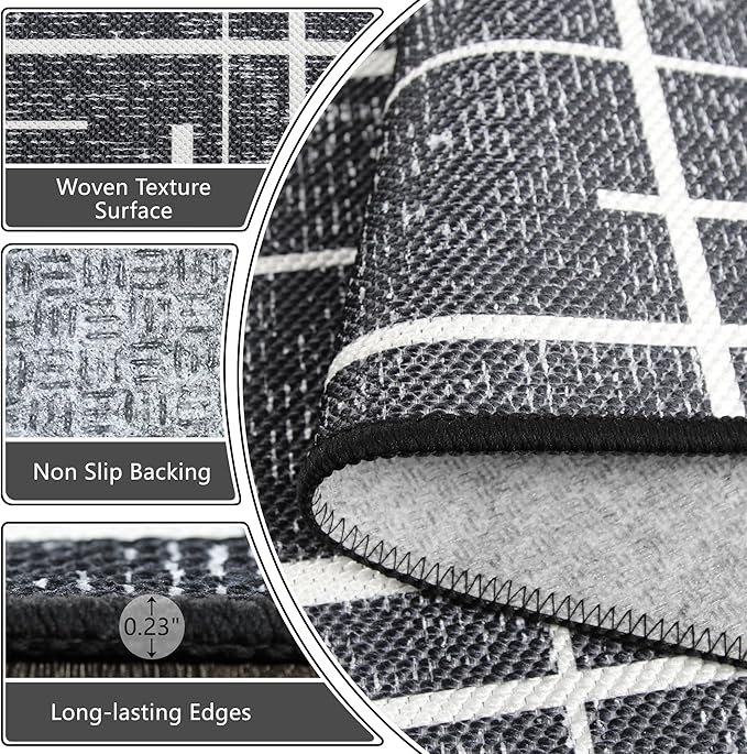 3x5 Washable Rug, Modern Distressed Stripe, Small Area Rug Non Slip, Woven Thin No Shed Office Chair Friendly Runners for Entryway, Kitchen, Home Office, Studio - Midnight Black