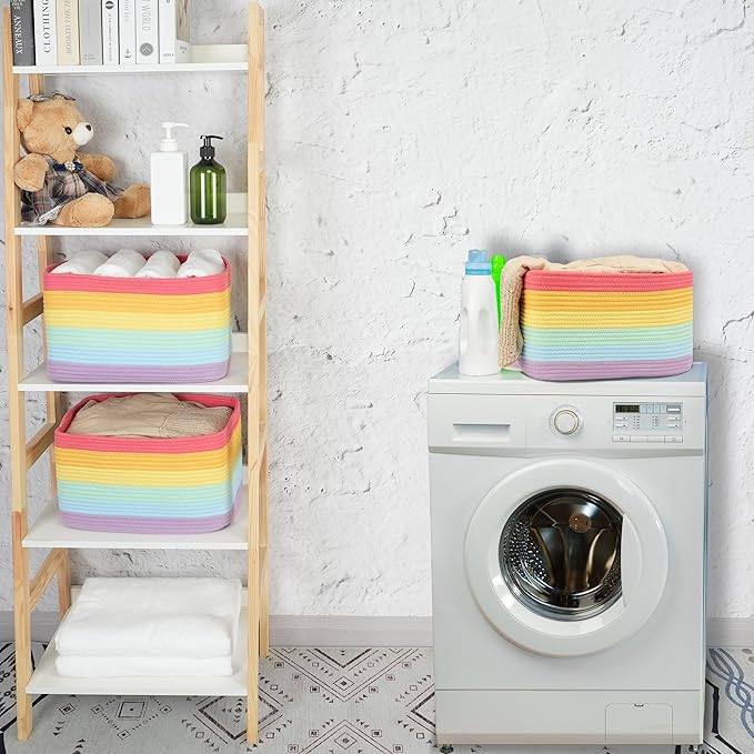 3-Pack Rainbow Storage Baskets 15X10X9.3“ – Woven Toy Organizer Bins for Kids, Baby Room, Nursery, and Classroom – Cute Square Rope Baskets for Shelves and Organization Rainbow