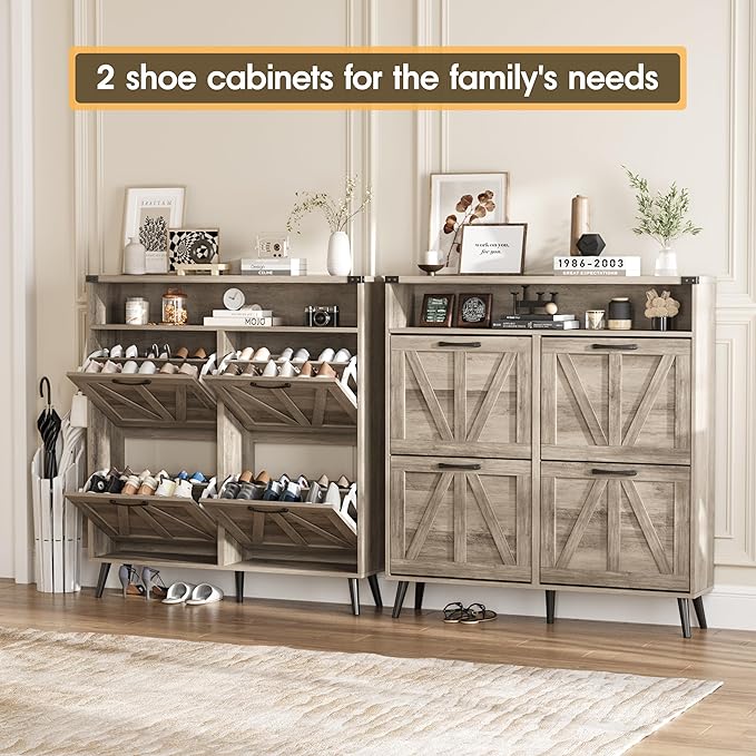 Shoe Cabinet with 4 Flip Drawers,Farmhouse Shoe Storage Cabinet for Entryway,Narrow Freestanding Organizer Rack with Open Shelves for Foyer,Hallway,Grey