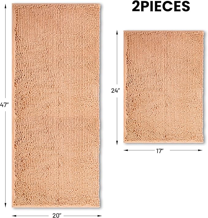 Bathroom Rugs Runner Mats 2 Piece Long Sets Bath Rug Extra Absorbent Chenille Kitchen Mat Set Non Slip Striped Machine Washable Quick Dry Tub Shower Accessories 47x20+24x17 Inch, Beige