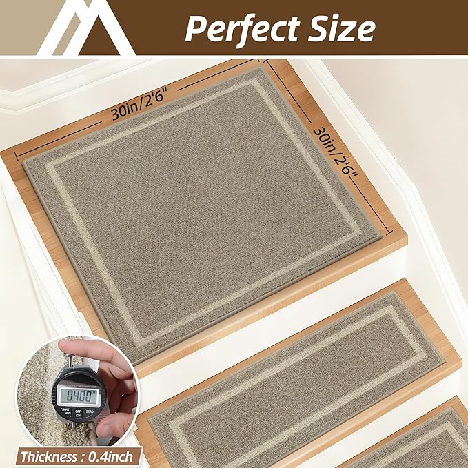 COSY HOMEER Stair Landing Rug 30x30 Inch, Non-Slip Square Landing Mat for Wood Steps Indoor, Washable Polyester with TPE Backing, Beige