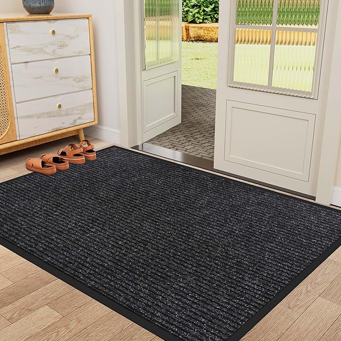 Indoor Outdoor Door Mat, 5' x 3' Doormat for Entryway, Rubber Backing Non Slip Front Door Mat Outside Entrance, Super Absorbent Commercial Floor Mat for Home Office, Black