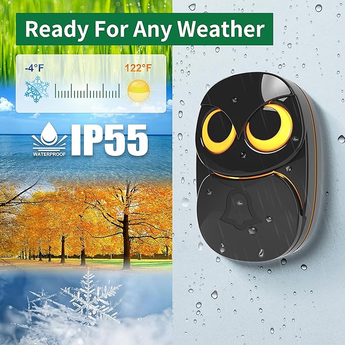Wireless Doorbell, Cute Owl Doorbell Weatherproof IP55 Outdoor Remote Push Button- 1000 Feet Long Wireless Range, 1 Receiver + 1 Transmitter, Black