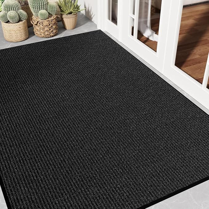 Front Door Mat 4' x 6', Low Profile Welcome Mat, Non-Slip Door Mat Outside Entrance, Muddy Mats for Indoor Outdoor, Absorbent & Resist Dirt, Heavy Duty Commercial Floor Mat for Entryway, Black