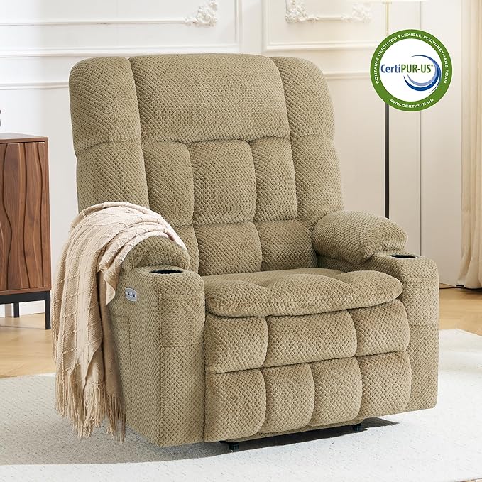 MCombo Oversized Power Lift Recliner Chair for Elderly, Dual Motor Lift Chair with Heat and Massage, Lay Flat Lift Chair for Big and Tall, Cup Holders, Fabric R7891 (Oversize, Beige)