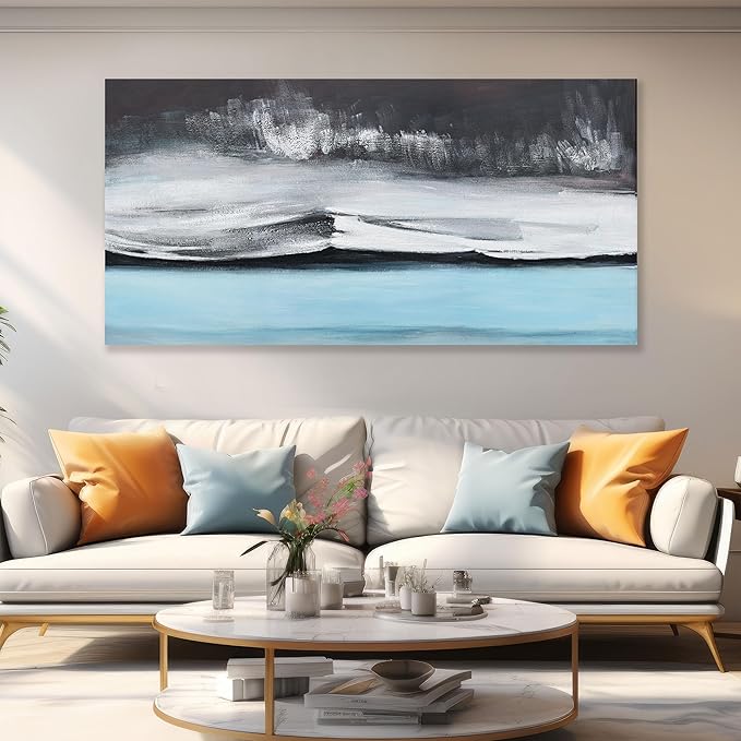Abstract Wall Art Black White and Blue Canvas Art Wall Decor Modern Art Wall Decor Painting Framed Artwork Abstract Canvas Wall Art for Living Room Bedroom Office 24"x48"