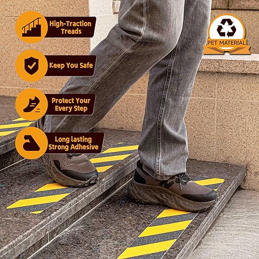 LifeGrip Anti Slip Traction Treads (10-Pack), 4" X 28", Yellow and Black, Best Grip Tape Grit Non Slip, Outdoor Non Skid Tape, High Traction Friction Abrasive Adhesive for Stairs Step