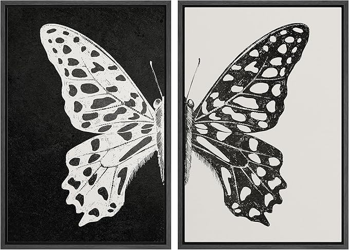 MUDECOR Framed Canvas Wall Art Black and White Butterfly Prints Minimalist Modern Art Boho Wall Decor for Bedroom - 24"x36"x2 Black