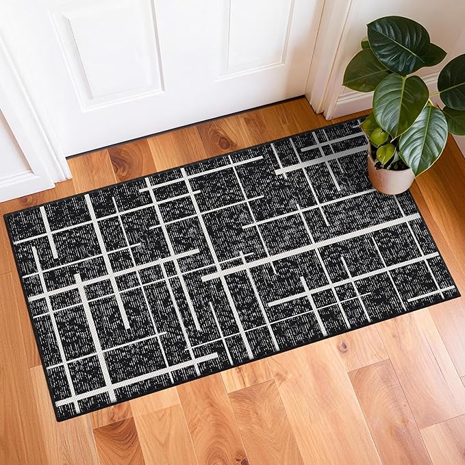Washable Runner Rug 2x4, Modern Distressed Stripe, Kitchen Runner Rug Non Slip, Woven Thin No Shed Runners for Entryway, Kitchen, Laundry Room- Midnight Black