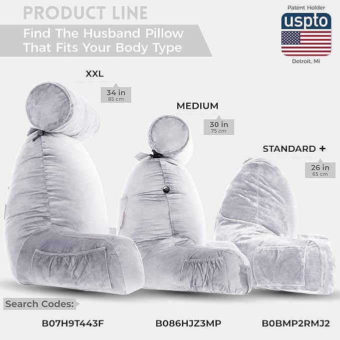 Husband Pillow Medium Light Grey, Backrest for Kids, Teens, Petite Adults - Reading Pillows with Arms, Adjustable Loft, Plush Memory Foam, Bed Rest Chair Sitting Up, Detach Neck Roll, Removable Cover