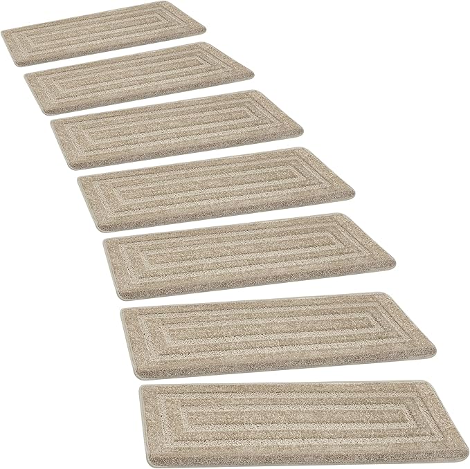 PURE ERA Bullnose Carpet Stair Treads Set Tape Free Non-Slip Indoor Stair Protectors Pet Friendly Rugs 9.5" x 30"(7 Pieces,Cream Gray Rectangular)