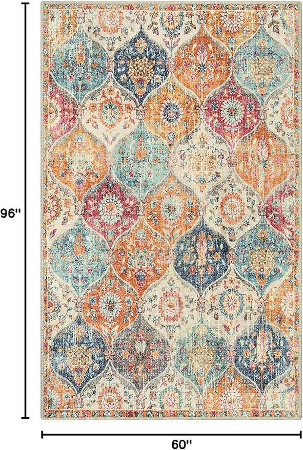 Lahome Moroccan 5x8 Area Rug, Ultra-Thin Washable Rugs for Living Room Bedroom, Soft Large Oriental Non-Slip Non Shedding Throw Large Carpet for Dining Room Office, Cream/Multi