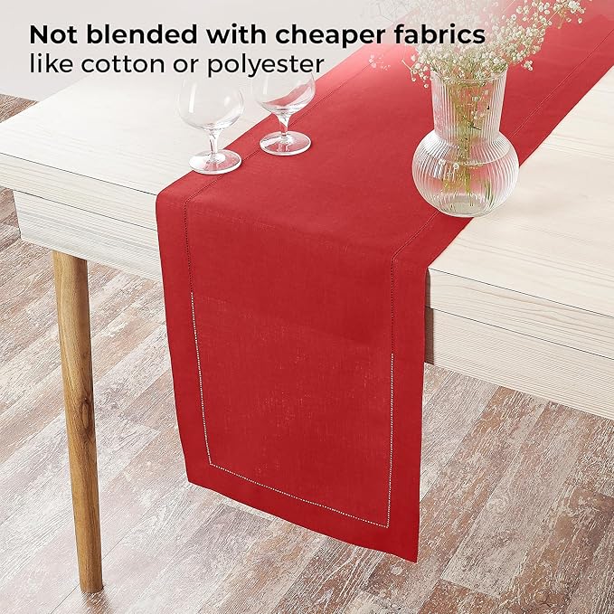 D'Moksha Homes Linen Bright Red Table Runner 48 Inches - Classic Hemstitch, 100% Pure Linen Coffee Table Runner 14 x 48 Inch Ideal for Dresser Tables, Valentines, Spring, Easter