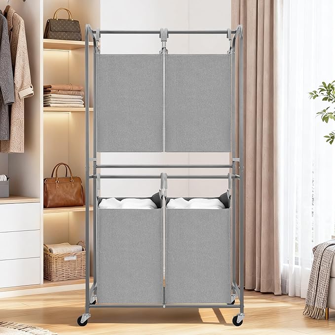 STORAGE MANIAC 4 Section Vertical Laundry Hamper, 2 Tier Laundry Sorter with 4 Removable Tote Bags, Rolling Clothes Basket for Towels, Blankets, Tall Dirty Clothes Hamper for Closet, Bathroom, 4 Bags