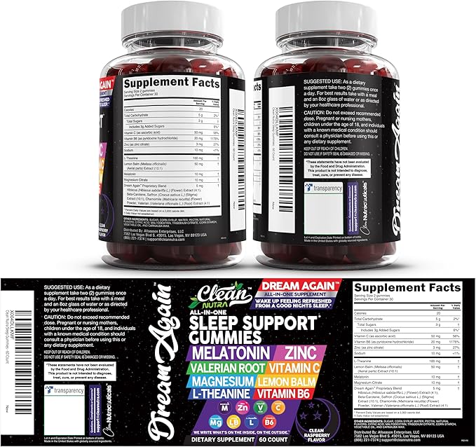 Clean Nutra Melatonin Gummies 10mg | Sleep Aid Valerian Root L-Theanine Vitamin B6 C Lemon Balm Magnesium Hibiscus Beta Carotene Saffron & Chamomile Rest Support Supplement Raspberry Flavor