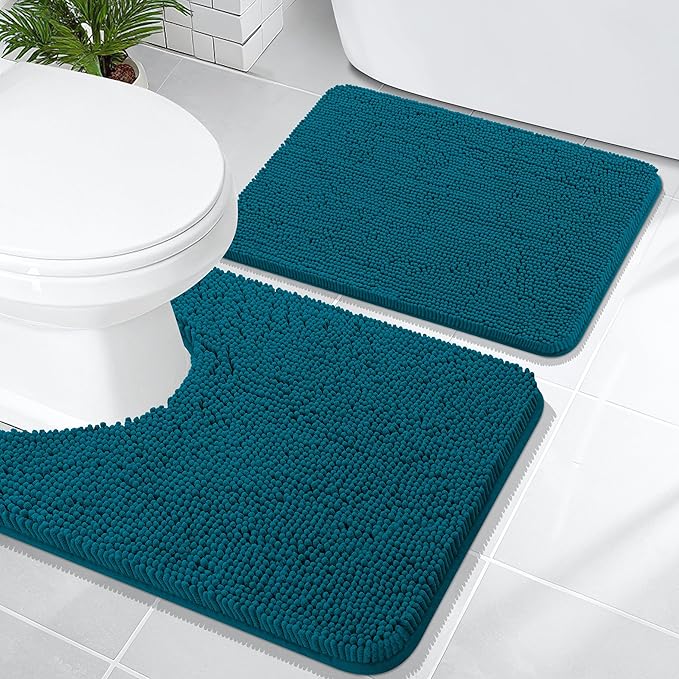 OLANLY Bathroom Rugs Sets 2 Piece, Soft Absorbent Chenille Bath Mats and U-Shaped Contour Toilet Mat Area Rug Set, Machine Washable Bath Carpet, Home Decor Accessories(24"x16"+24"x20", Peacock Blue)