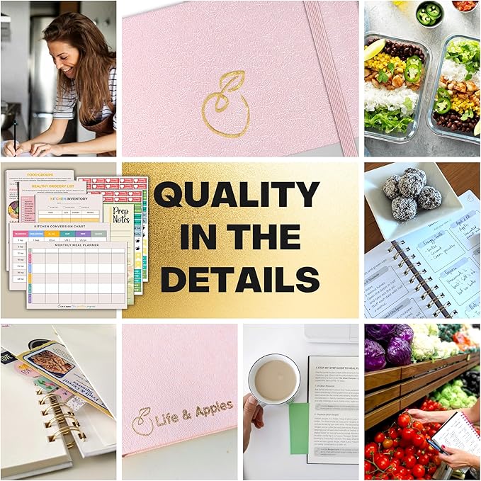 Life & Apples Meal Planner with Grocery List – Undated Weekly Menu & Meal Prep Notebook for Women & Men, Healthy Eating & Weight Loss Planner, 52-Week Spiral Bound Journal, Rose Gold