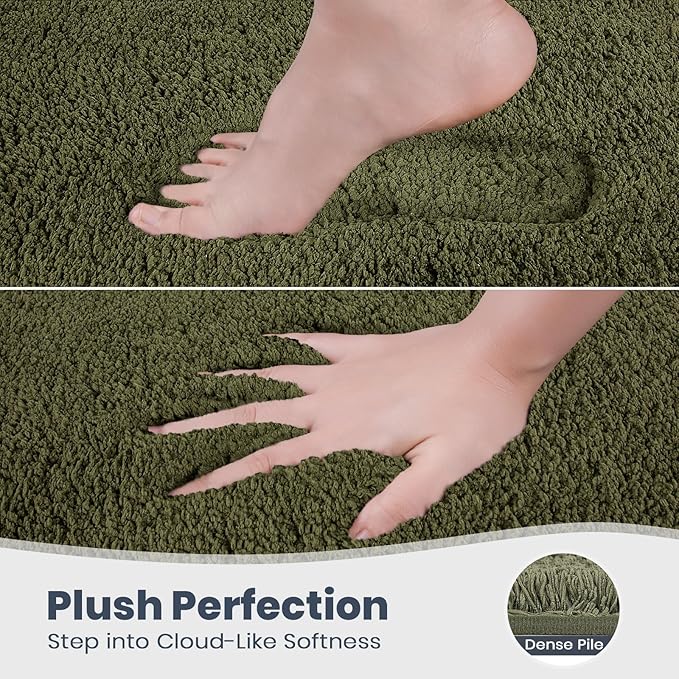 PURRUGS Bathroom Rug Non-Slip Machine Washable 20" x 30", Super Absorbent and Quick Dry Shaggy Microfiber Bath Mat, Extra Soft and Plush Bath Rug for Bathtub, Shower and Sink, Olive Green