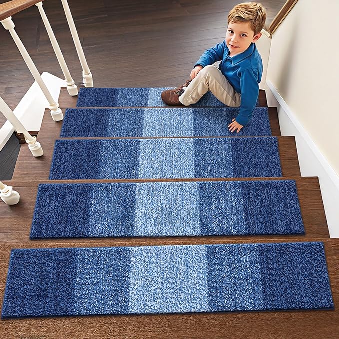 OLANLY Stair Treads Non Slip 4PCS, 8" x 30" Indoor Stair Runners for Wooden Steps, Edging Stair Rugs with Reusable Peel and Stick Adhesive for Kids Elders and Pets, Navy