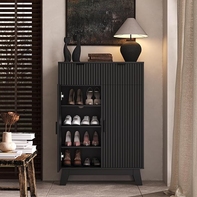 Fluted Shoe Cabinet, 4-Tier Mid Century Modern Narrow Shoe Storage Cabinet with Doors & 2 Drawers, Adjustable Shelves, Freestanding Hidden Shoe Rack Organizer & Wooden Legs for Entryway
