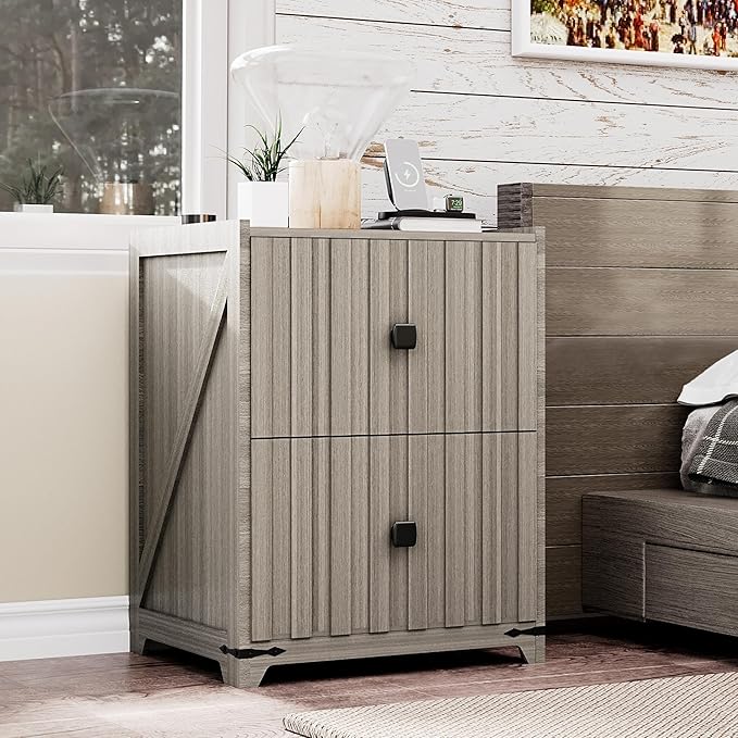 Night Stand with Slidable Charging Station,Nightstands with 2 Drawers,Farmhouse EndTable and Bedside Table,Small Side Table for Bedroom（Newly Upgraded）