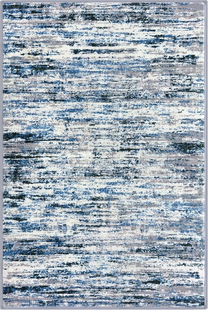 Modern Abstract 4x6 Living Room Washable Rug Non-Slip Soft Bedroom Area Rug Grey Blue White Thin Print Faux Wool Floor Carpet Throw Rugs for Nursery Playroom Dining Room Indoor Home Decor