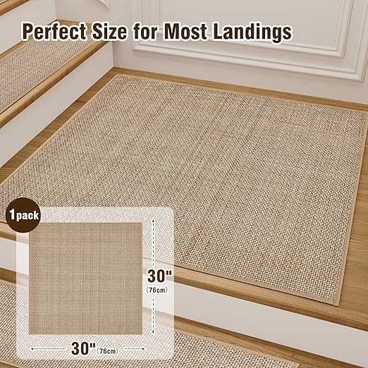 Comfortable Stair Landing Carpet Non Slip Breathable Chenille Rug for Wooden Steps Rubber Backing Landing Mat Covers Indoor Absorbent with Rubber Backing 30"X30" Beige