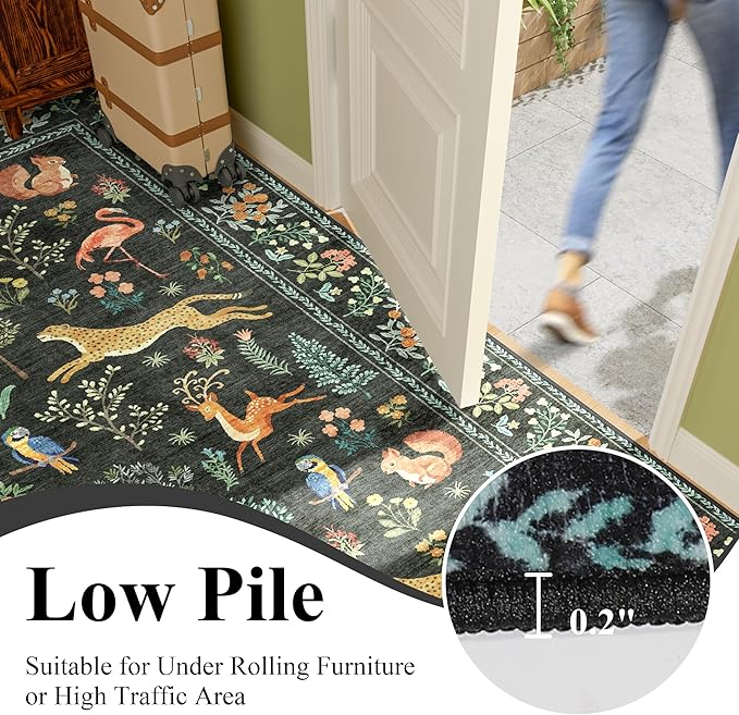 DUKINO 3x5 Rug, Washable Animal Area Rug with Non Slip Vintage Design, Indoor Soft Low Pile Carpet for Bedroom, Nursery, Dining Room, Farmhouse, Playroom, Black