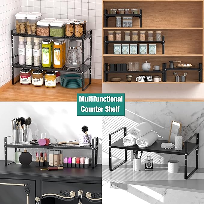 Expandable Cabinet Shelf Organizer Rack, Stackable Kitchen Counter Storage Shelves Stand, Adjustable Height Pantry Shelf Spice Rack, Heavy Duty Nonslip Black Large 2Pack