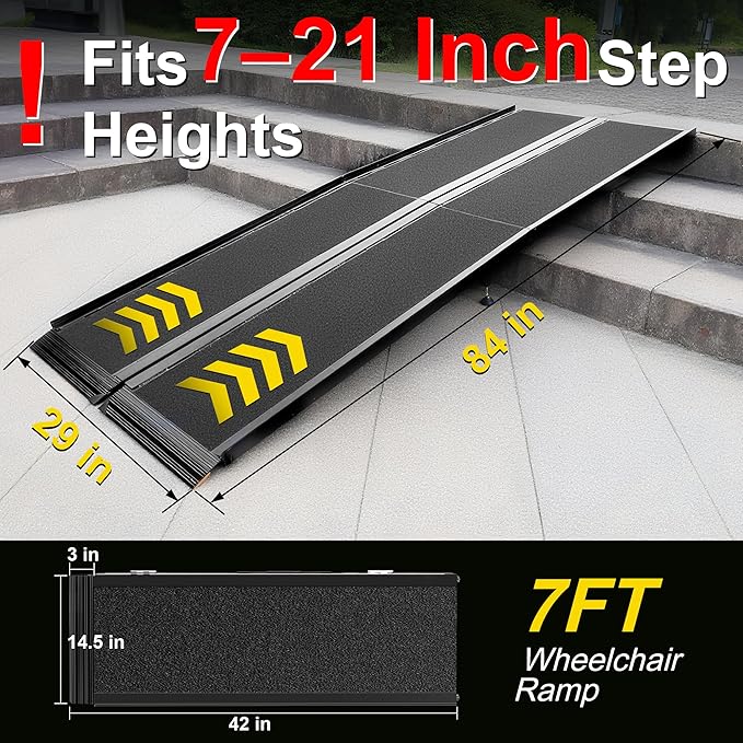 7 Feet Portable Wheelchair Ramp with Sopport Legsk, Black Seamless Non-Slip Aluminum Folding Handicap Ramp,Threshold Ramp for Doorways, Wheel Chair Ramp for Home Steps