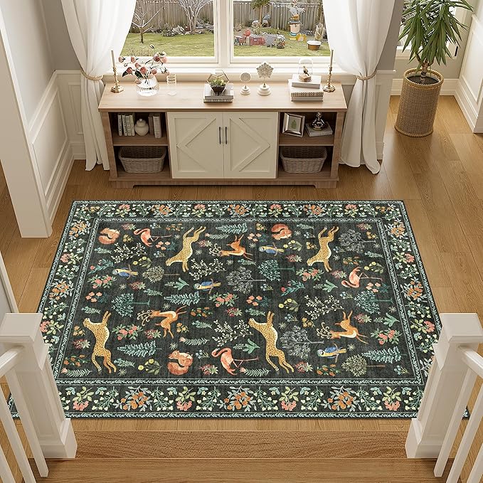 DUKINO 3x5 Rug, Washable Animal Area Rug with Non Slip Vintage Design, Indoor Soft Low Pile Carpet for Bedroom, Nursery, Dining Room, Farmhouse, Playroom, Black