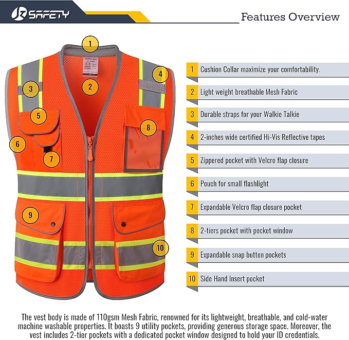 JKSafety 9 Pockets Hi-Vis Safety Vest Breathable Mesh Fabric Cushioned Collar Work Utility PPE Lightweight Industrial Work Gear ANSI/ISEA compliant (101-Orange XXL)