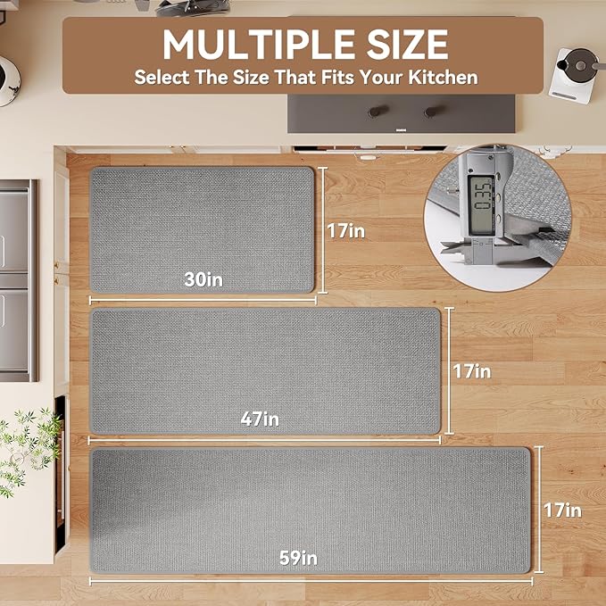 Kitchen Mat Kitchen Rugs Sets of 2 PCS Non Slip Washable, Linen-Like 0.3" Thick Cushioned Absorbent Kitchen Mats for Floor, Mild Anti-Fatigue Sink Laundry Standing Mat, Gray 17"x30"+17"x59"