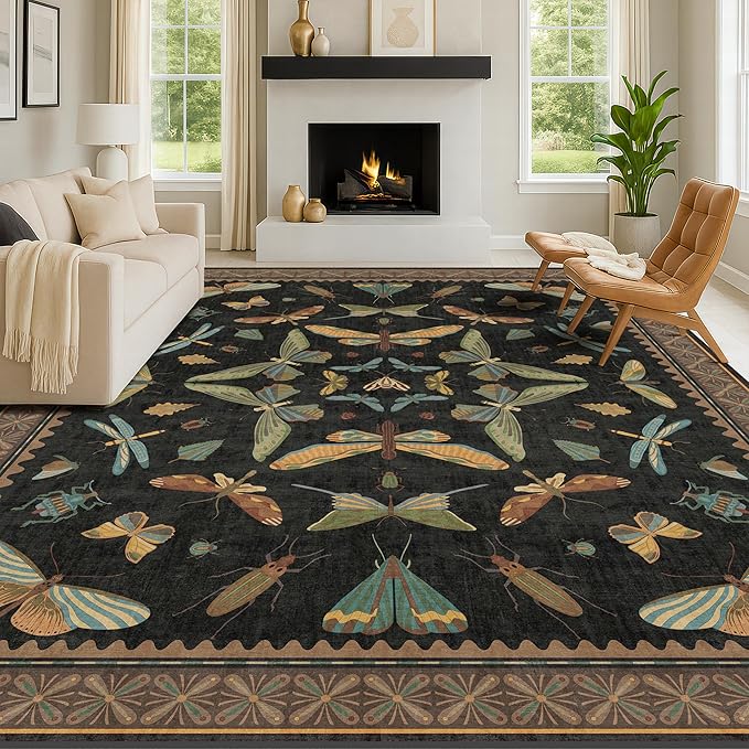 Black Washable Insect Area Rugs 8x10 for Living Room, Bedroom, Dining Room Under Table, Playroom, Large Dark Whimsical Boho Indoor Rug, Ultra Soft Low Pile Non Slip