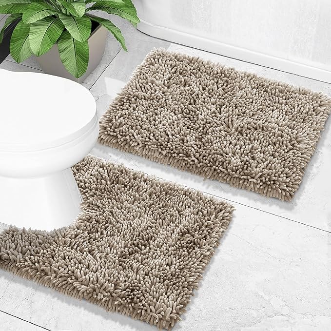 Yimobra Bathroom Rugs Sets 2 Piece, Soft Absorbent Bath Mat and U-Shaped Toilet Rug with Non Slip Backing, Luxury Shaggy Bath Mats for Bathroom, Machine Washable, 24"x17"+24"x20", Camel