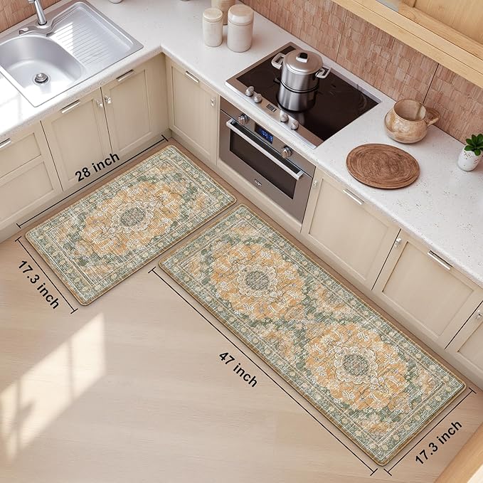 Boho Kitchen Mats for Floor 2 Piece Set Anti Fatigue Cushioned PVC Kitchen Rugs Non Slip Waterproof Farmhouse Mats 2/5 Inch Comfort Standing Mat for Sink, Laundry, 17.3"x47"+17.3"x28", Green Orange
