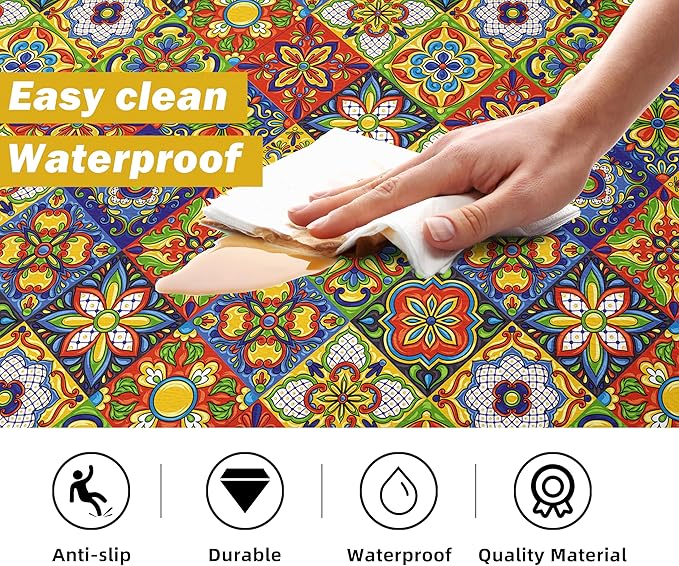 Boho Kitchen Rugs Set 2 Memory Foam Colorful Ceramic Comfort Tile Floor Mat Anti Fatigue Non-Skid PVC Runner Rug Water & Oil Proof Carpet for Kitchen Laundry Sink,17.3x28+17.3x47 Inch, C4