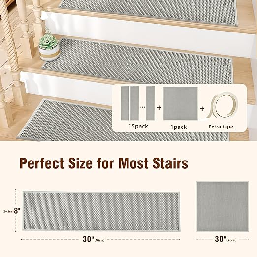 15pcs Stairs Treads and 1 Landing Carpet, Breathable Chenille Stair Carpet Non Slip for Wooden Steps Rubber Backing Stairs Runner Indoor Treads Stair Covers Mat 8"X30" and 30"X30"