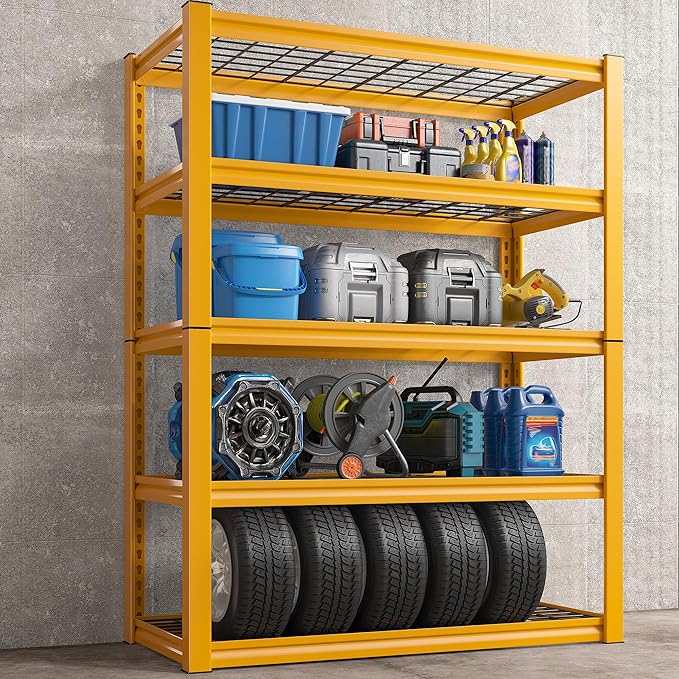 REIBII Storage Shelves, 40''W Garage Shelving, Heavy Duty Metal Shelving 2000LBS, Metal Shelves 5 Tier Industrial Shelf for Kitchen Pantry Warehouse Basement 72" H x 40''W x 17.8''D, Yellow