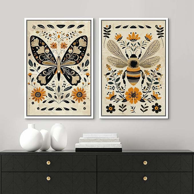MUDECOR Framed Canvas Print Wall Art Set Butterfly Animals Botanical Bee llustrations Modern Art Decorative Bohemian Calm/Zen for Living Room, Bedroom, Office - 16"x24"x2 White