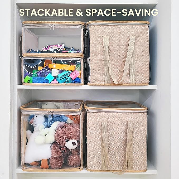 holay 2 Pack Storage Bins PVC Boxes with Transparent Lid & Handles - Durable & Foldable - Multi-Purpose Organizer for Clothes, Books, and More (Brown, Large)